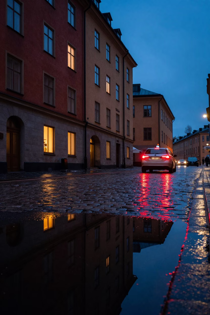 Predawn Stockholm Puddle Reflections Hotel Windows and Tail Lights in Early Morning Darkness in in Stockholm, Sweden