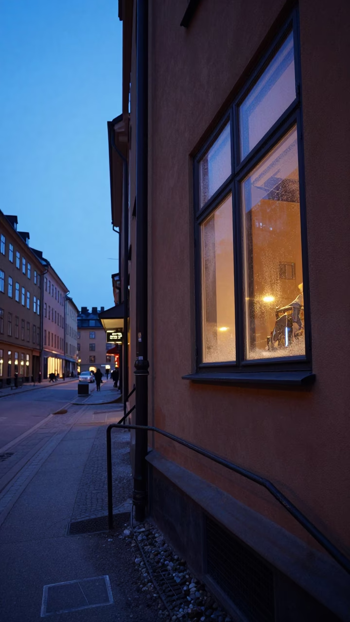 Predawn Stockholm Street Scene with Condensation on Glass and Stair Rail in in Stockholm, Sweden