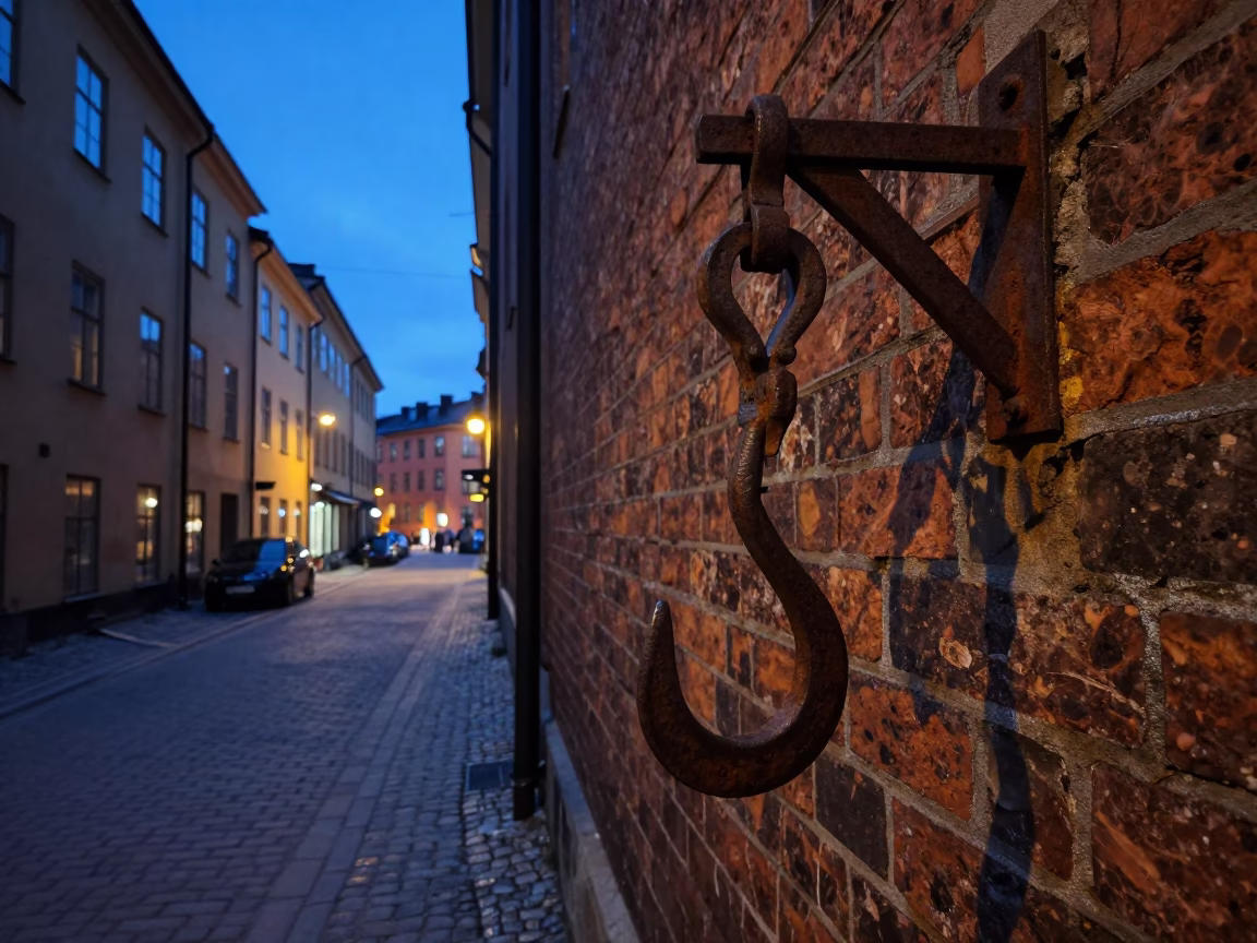 Predawn Stockholm Street Scene with Iron Hook and Urban Details in Early Morning Darkness in in Stockholm, Sweden