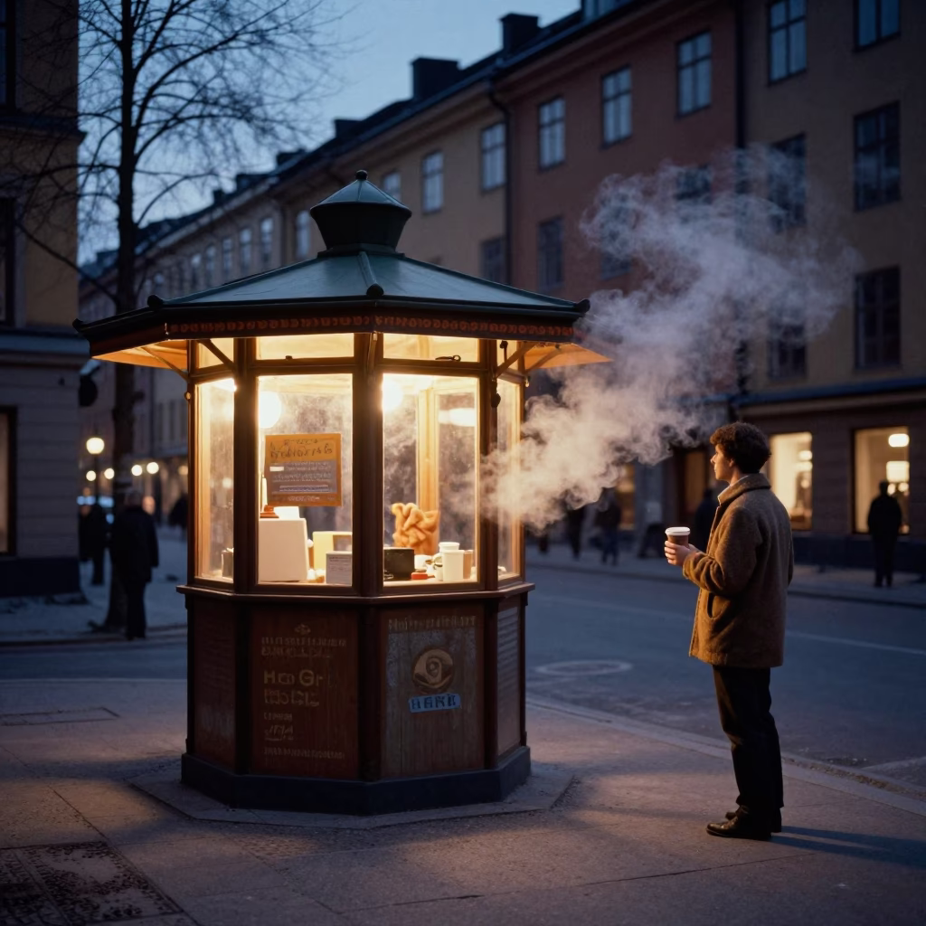 Predawn Stockholm Street Scene with Vintage Kiosk and Steam from Coffee Cup in in Stockholm, Sweden