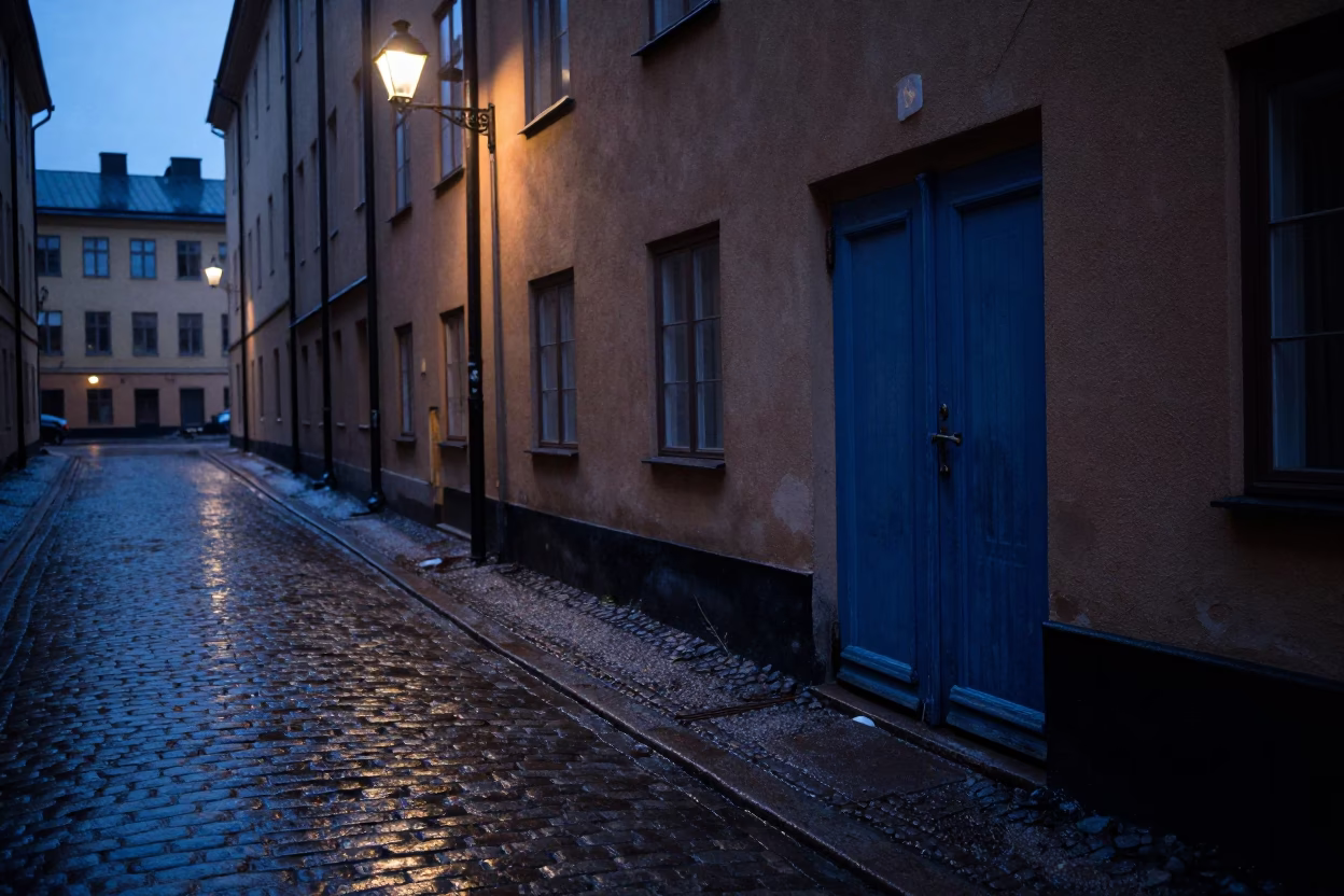 Predawn Stockholm Street Scene with Wet Cobblestones and Faded Blue Facade in in Stockholm, Sweden