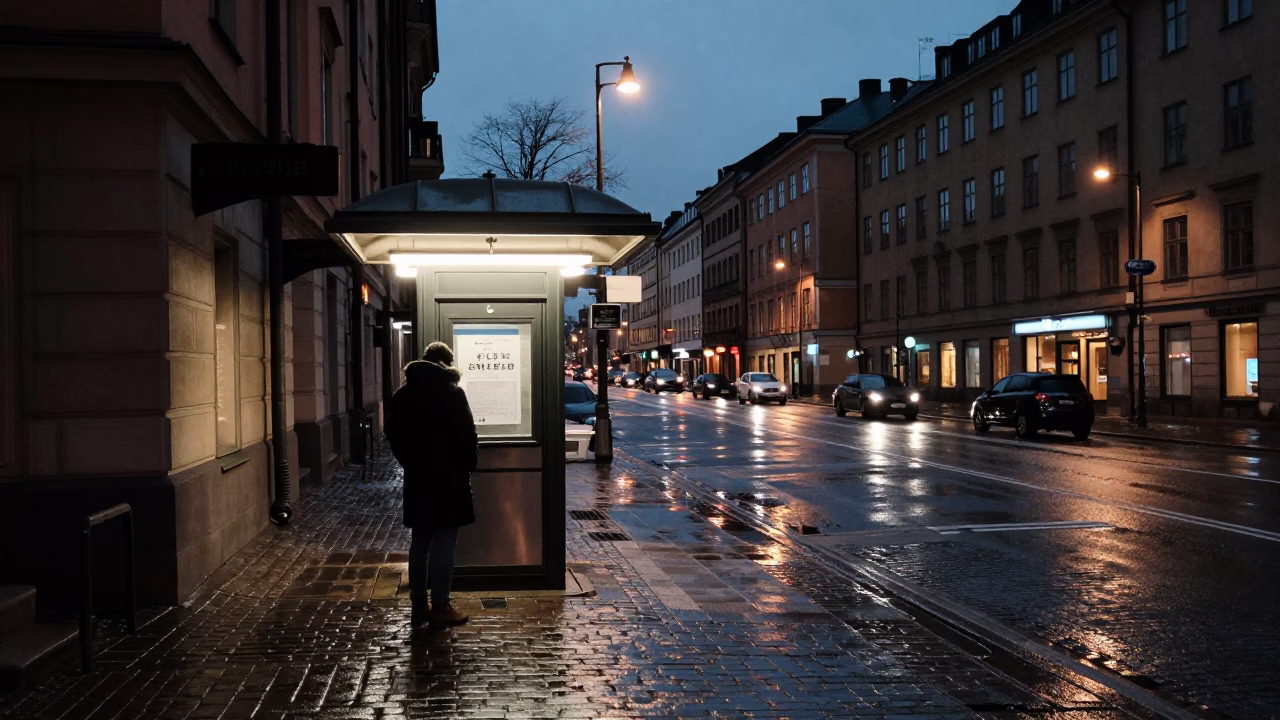 Predawn Stockholm Sweden Street Scene with Valet Stand and Night Train Reflections in in Stockholm, Sweden