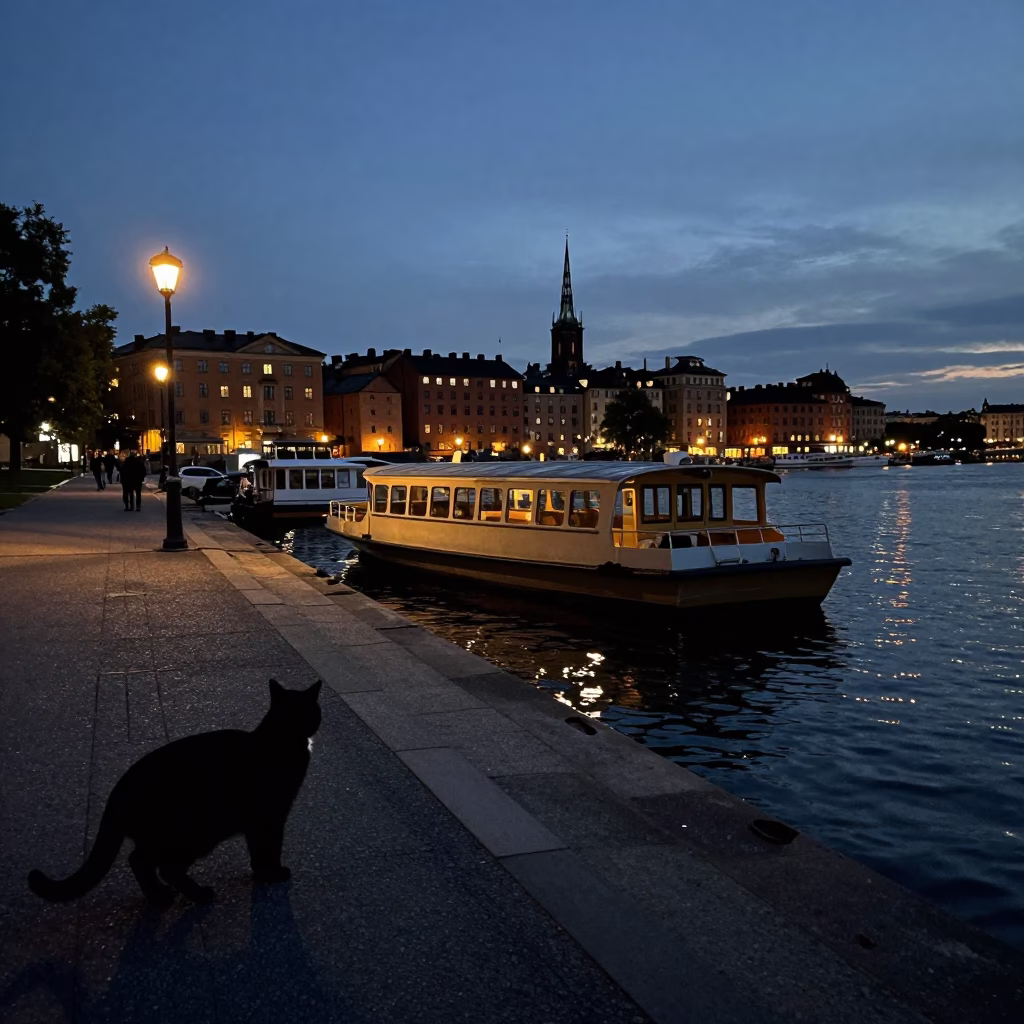 Predawn Stockholm Water Taxi Dock with Black Cat and Urban Reflections in in Stockholm, Sweden
