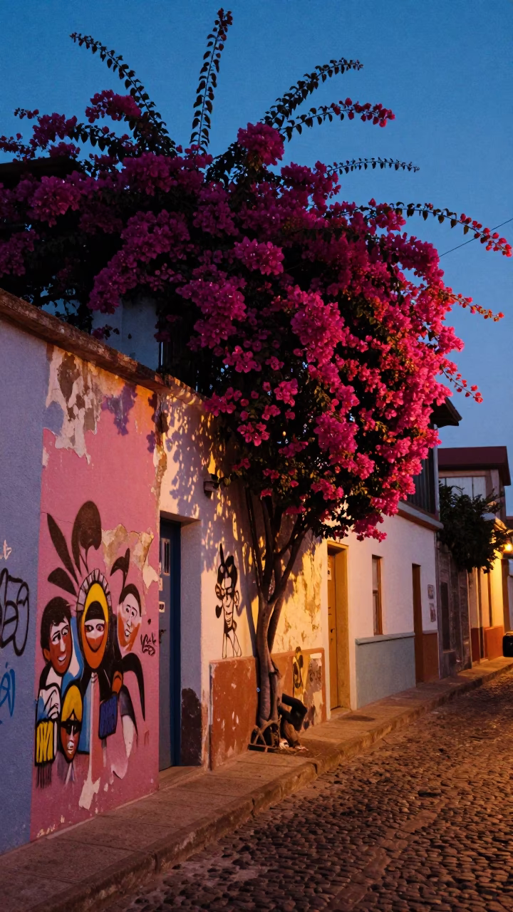 Predawn Street Art and Bougainvillea in Valparaiso Chile Colorful Urban Scene in in Valparaiso, Chile