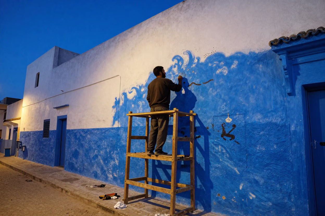 Predawn Street Art Creation in Essaouira Morocco Blue Walls in in Essaouira, Morocco