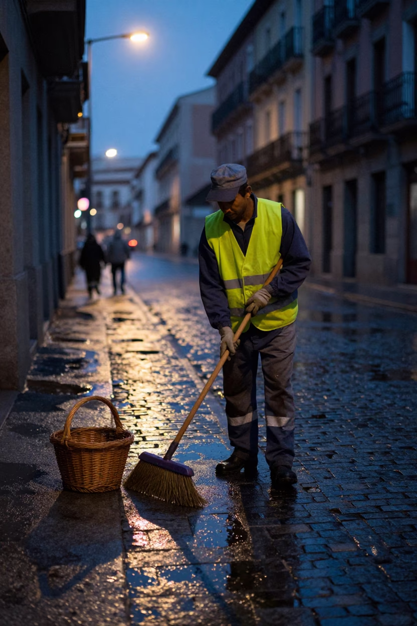 Predawn Street Cleaning in Madrid Spain with Wicker Basket and Grease Sheen in in Madrid, Spain