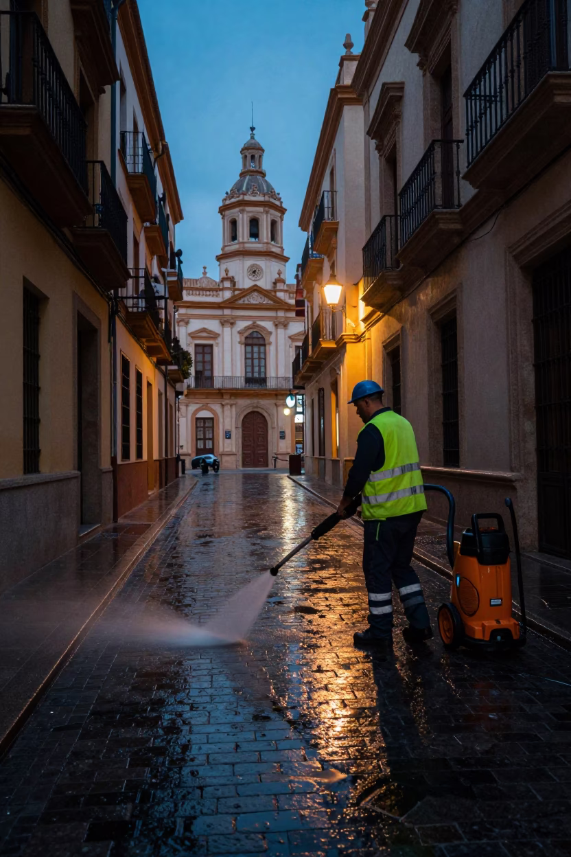 Predawn street cleaning in Valencia Spain with wet cobblestones and historic architecture in in Valencia, Spain
