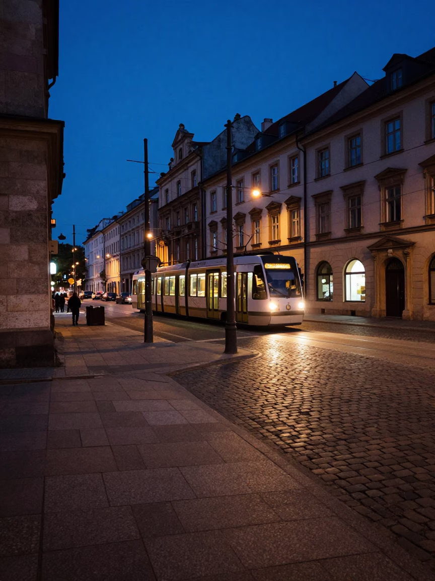 Predawn street corner in Krakow Poland with tram and stone architecture in in Krakow, Poland
