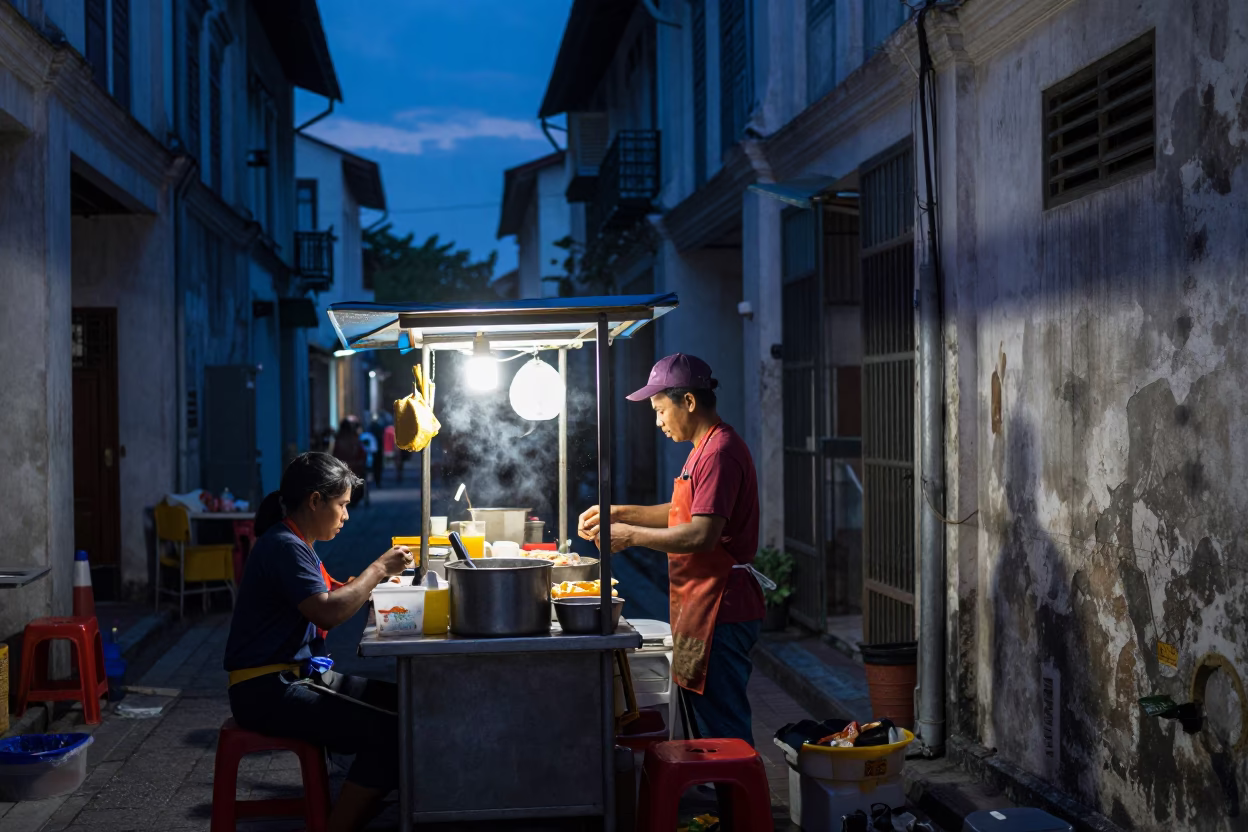 Predawn street food preparation in George Town Malaysia with vendor and kitchen tools in in George Town, Malaysia