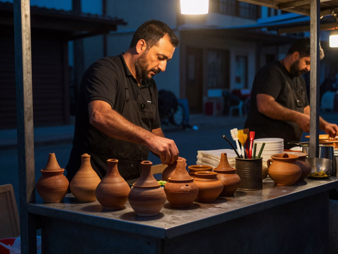 Predawn street food preparation in Izmir Turkey with clay pots and kitchen tools in in Izmir, Turkey