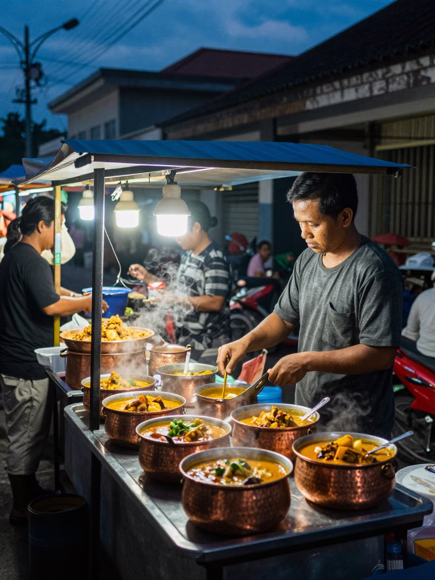 Predawn Street Food Scene in Denpasar Indonesia with Copper Bowls and Local Commerce in in Denpasar, Indonesia