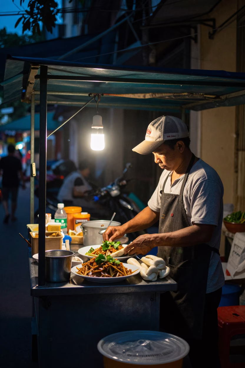 Predawn Street Food Scene in Hanoi Vietnam with Bun Cha and Scooters in in Hanoi, Vietnam