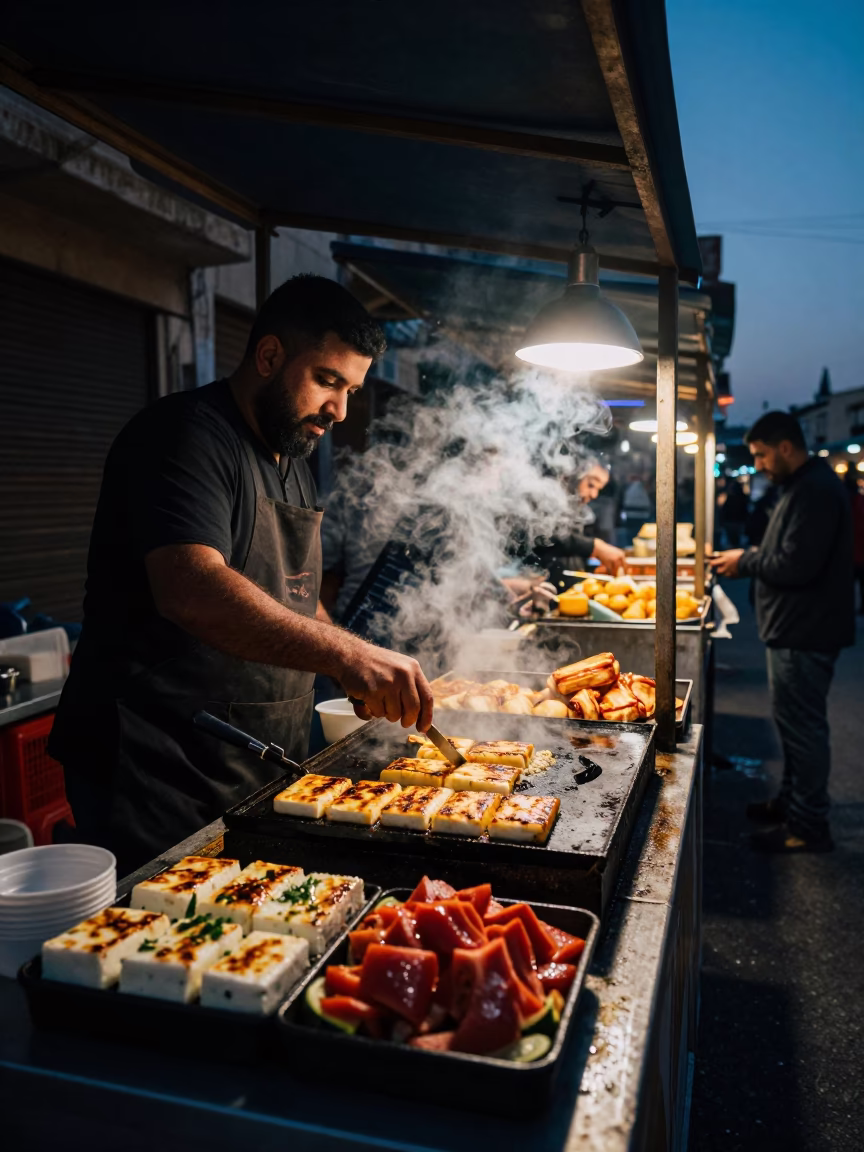Predawn Street Food Stall in Alexandria Egypt with Grilled Halloumi and Mint Plates in in Alexandria, Egypt