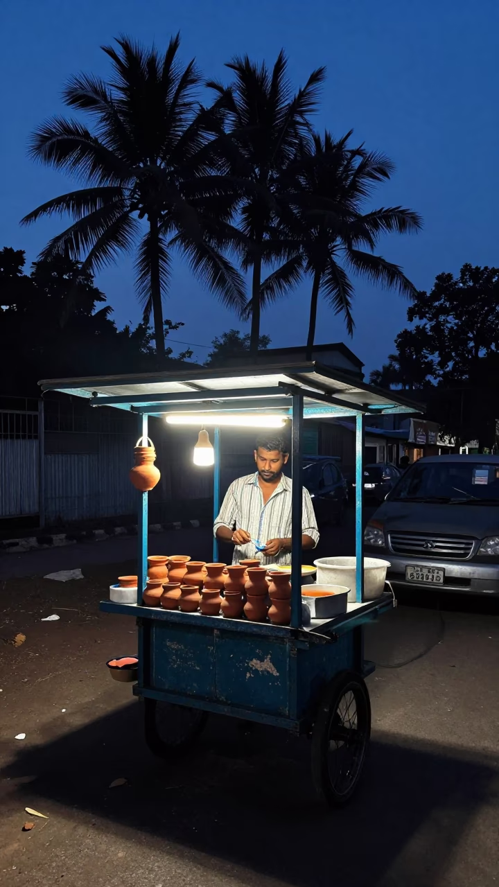 Predawn Street Food Stall in Chennai India with Clay Teacups and Local Morning Rituals in in Chennai, India
