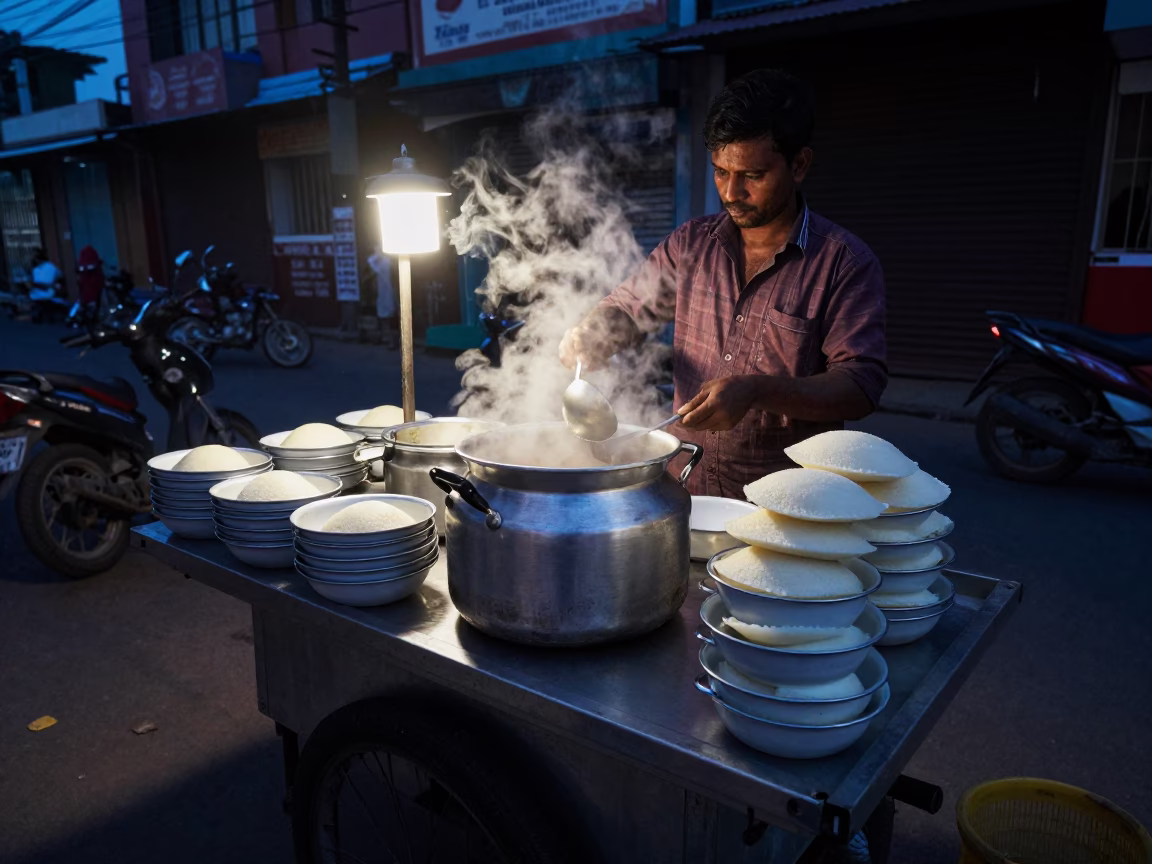 Predawn Street Food Stall in Chennai India with Enamel Bowls and Chili Peppers in in Chennai, India