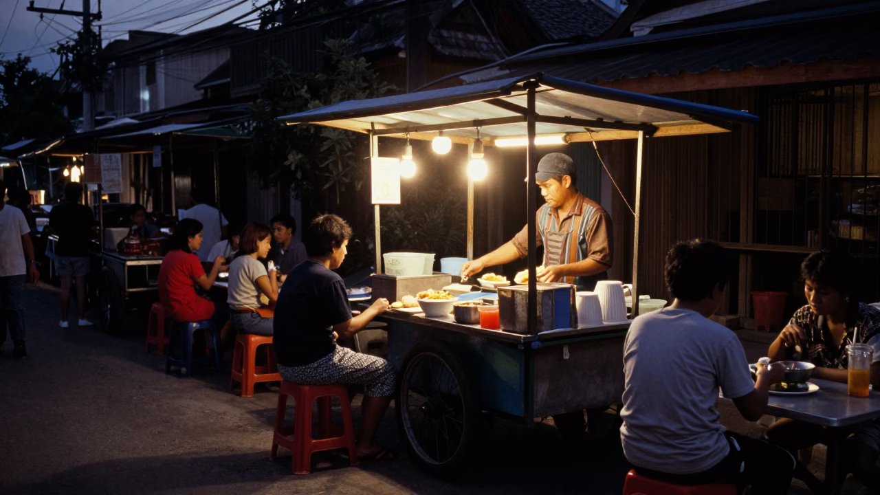 Predawn Street Food Stall in Chiang Mai Thailand with Vendor and Customers in in Chiang Mai, Thailand