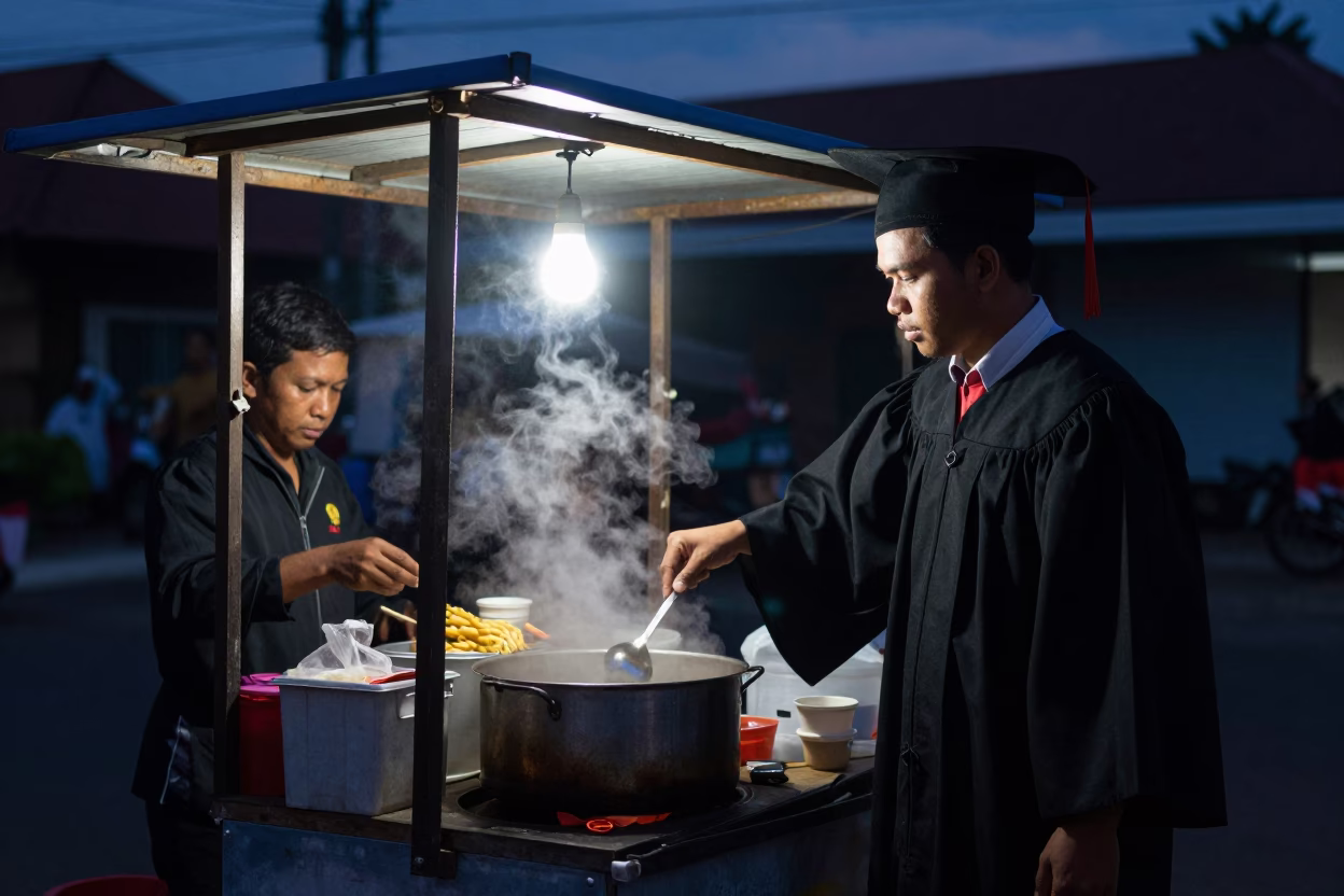 Predawn Street Food Stall in Denpasar Indonesia with Graduation Gown in in Denpasar, Indonesia