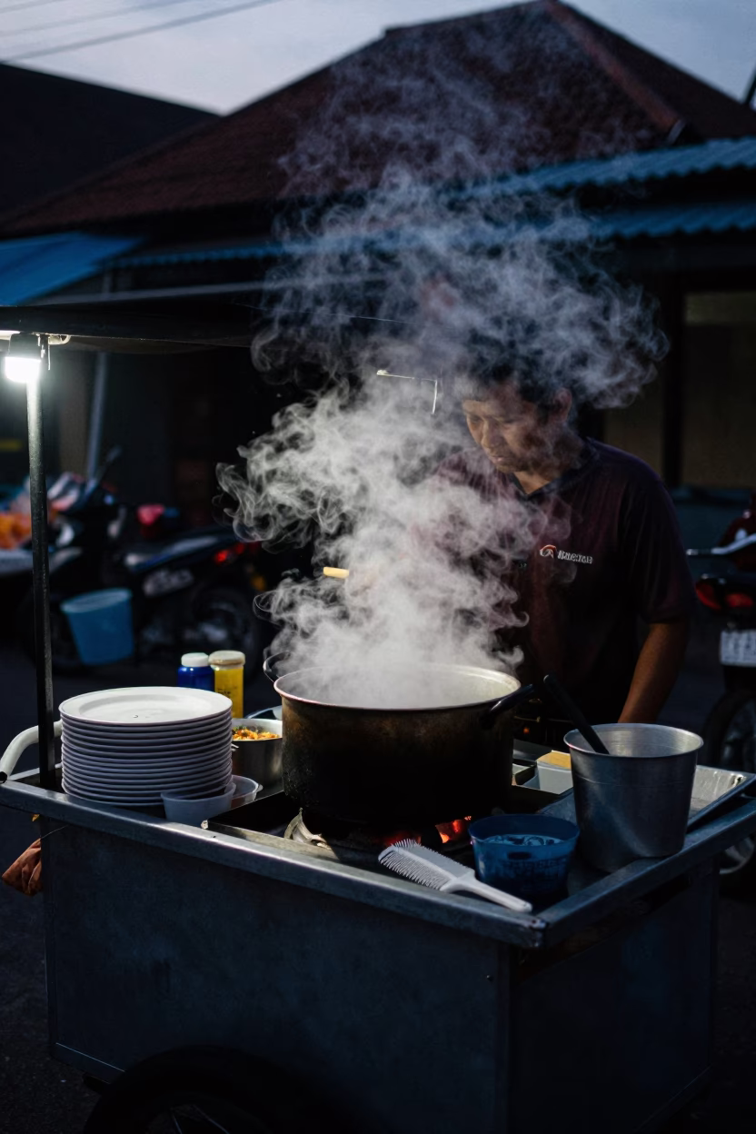 Predawn street food stall in Denpasar Indonesia with steam and morning routine in in Denpasar, Indonesia