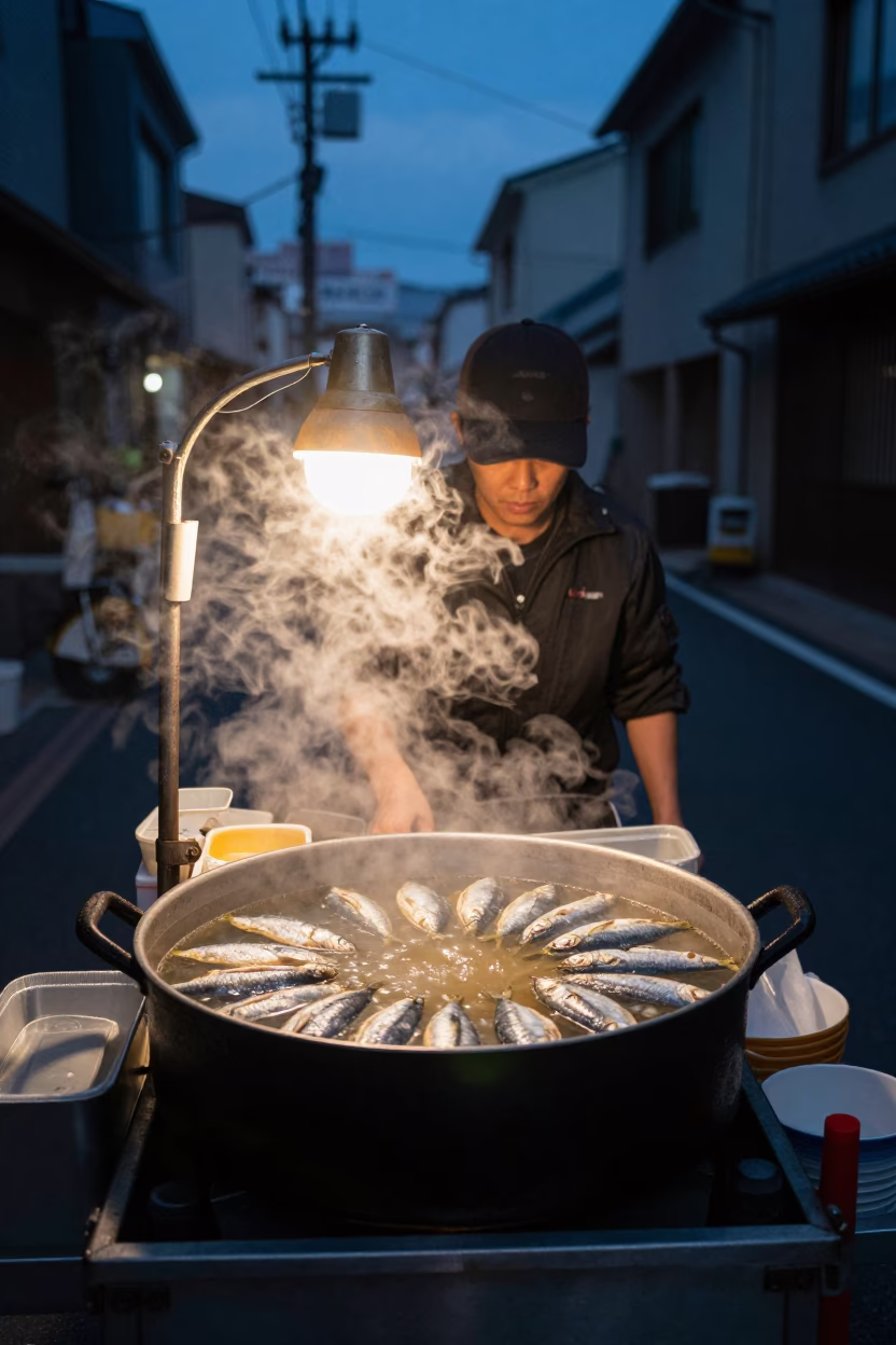 Predawn street food stall in Fukuoka Japan with sardines and steam in in Fukuoka, Japan