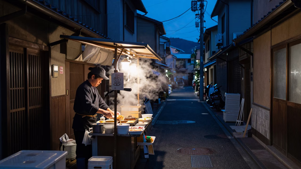 Predawn Street Food Stall in Fukuoka Japan with Steam and Blue Porcelain in in Fukuoka, Japan