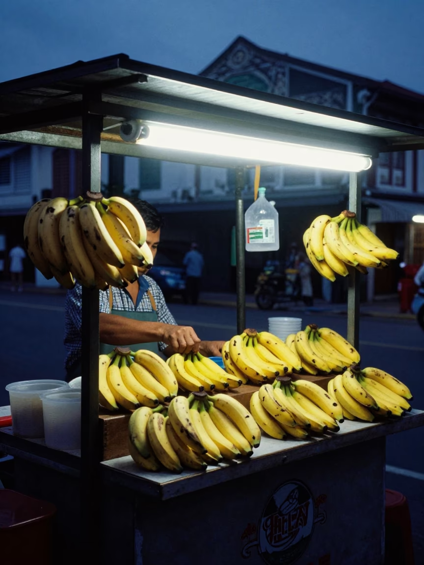 Predawn street food stall in George Town Malaysia with bananas and local interaction in in George Town, Malaysia