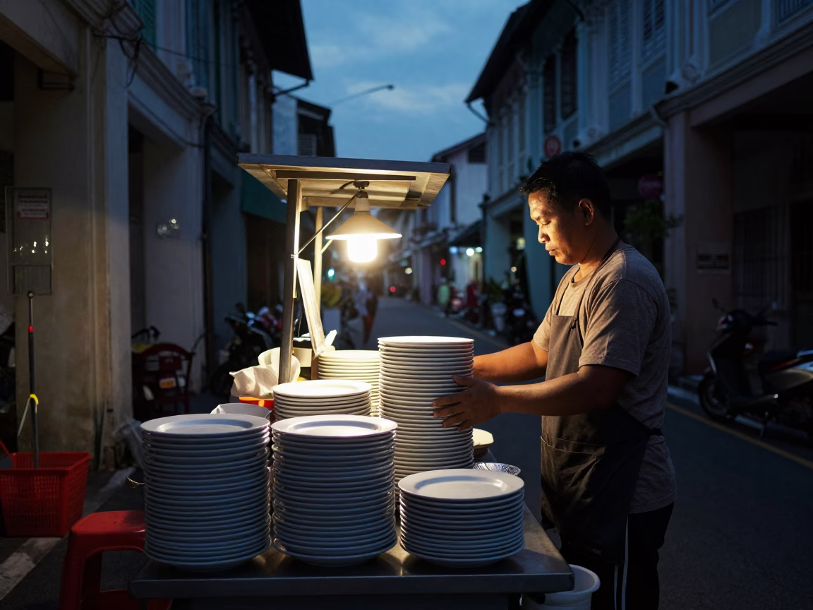 Predawn Street Food Stall in George Town Malaysia with Stacked Plates and Wicker Shadows in in George Town, Malaysia