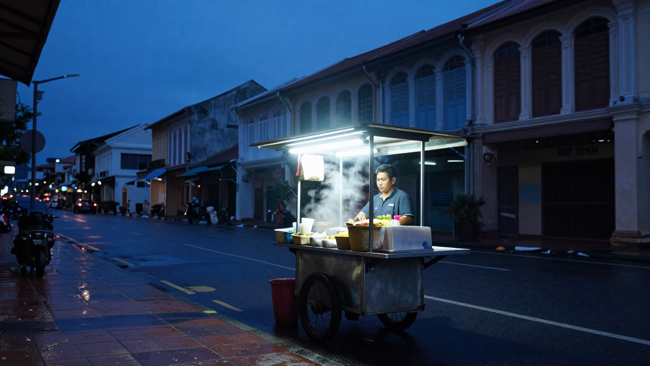Predawn street food stall in George Town Malaysia with steam and blue porcelain bowls in in George Town, Malaysia