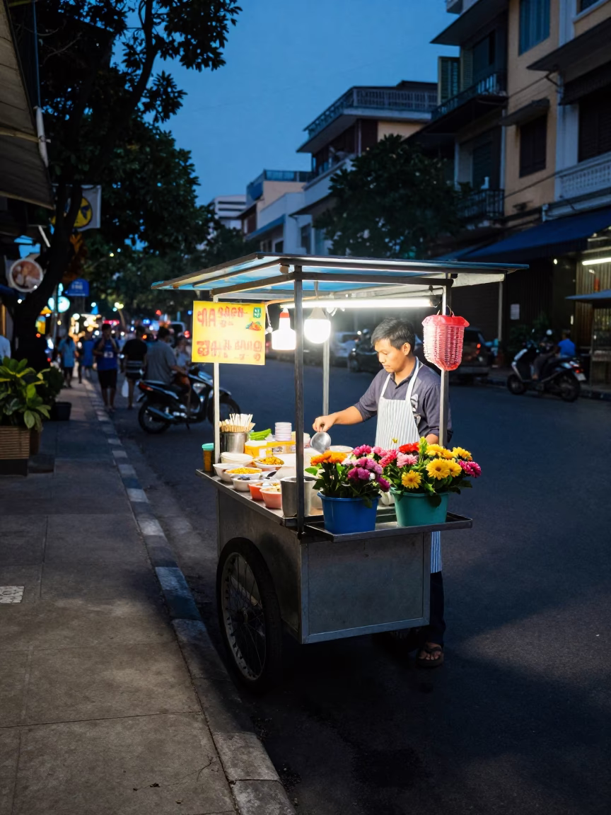 Predawn street food stall in Ho Chi Minh City Vietnam with aprons and flowerpots in in Ho Chi Minh City, Vietnam