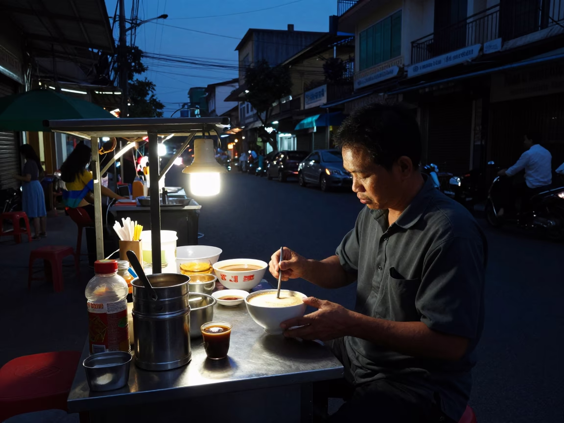 Predawn Street Food Stall in Ho Chi Minh City with Vietnamese Egg Coffee in in Ho Chi Minh City, Vietnam