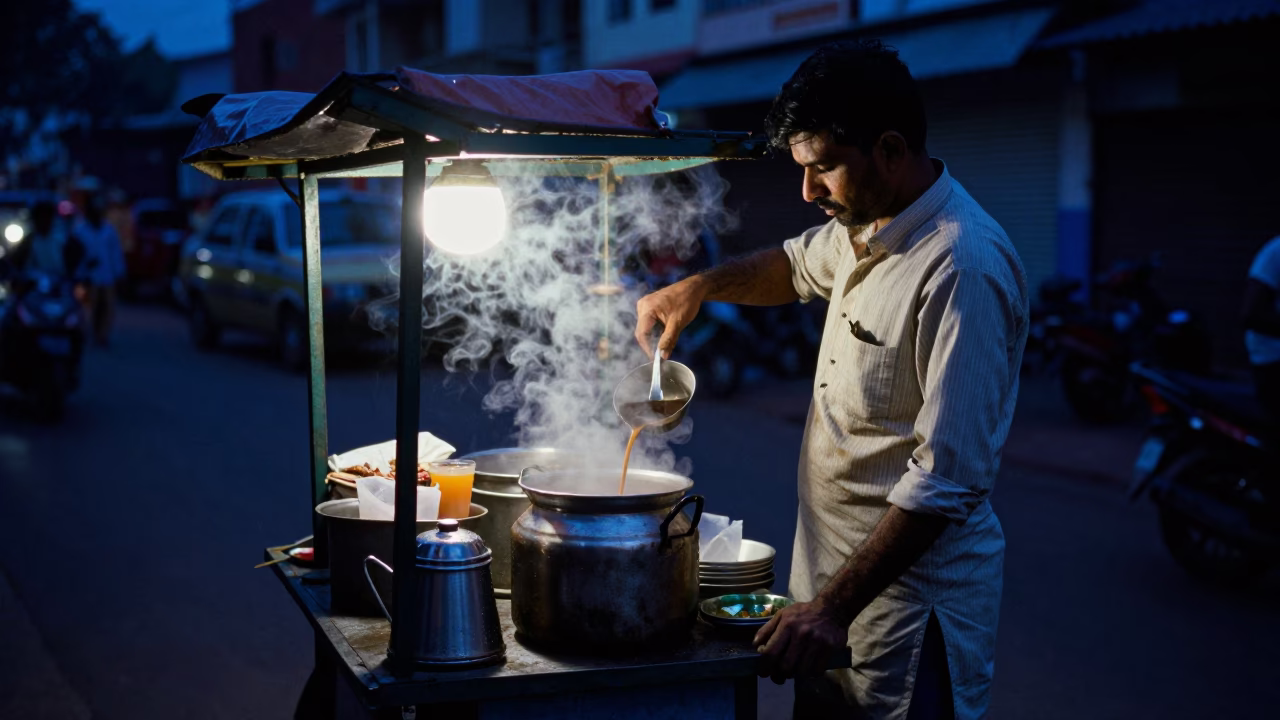 Predawn street food stall in Hyderabad India with chai and condensation on glass in in Hyderabad, India