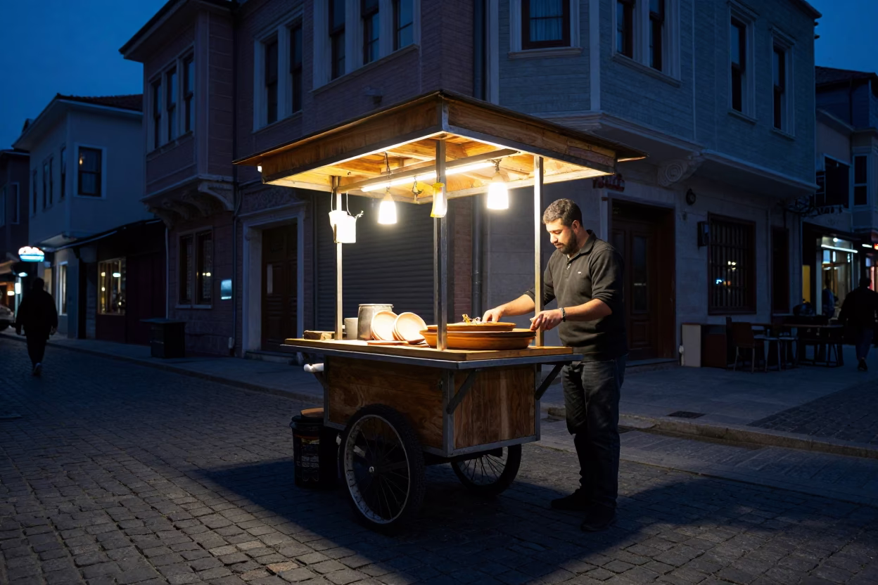 Predawn street food stall in Istanbul Turkey with wooden tray and ladle in in Istanbul, Turkey