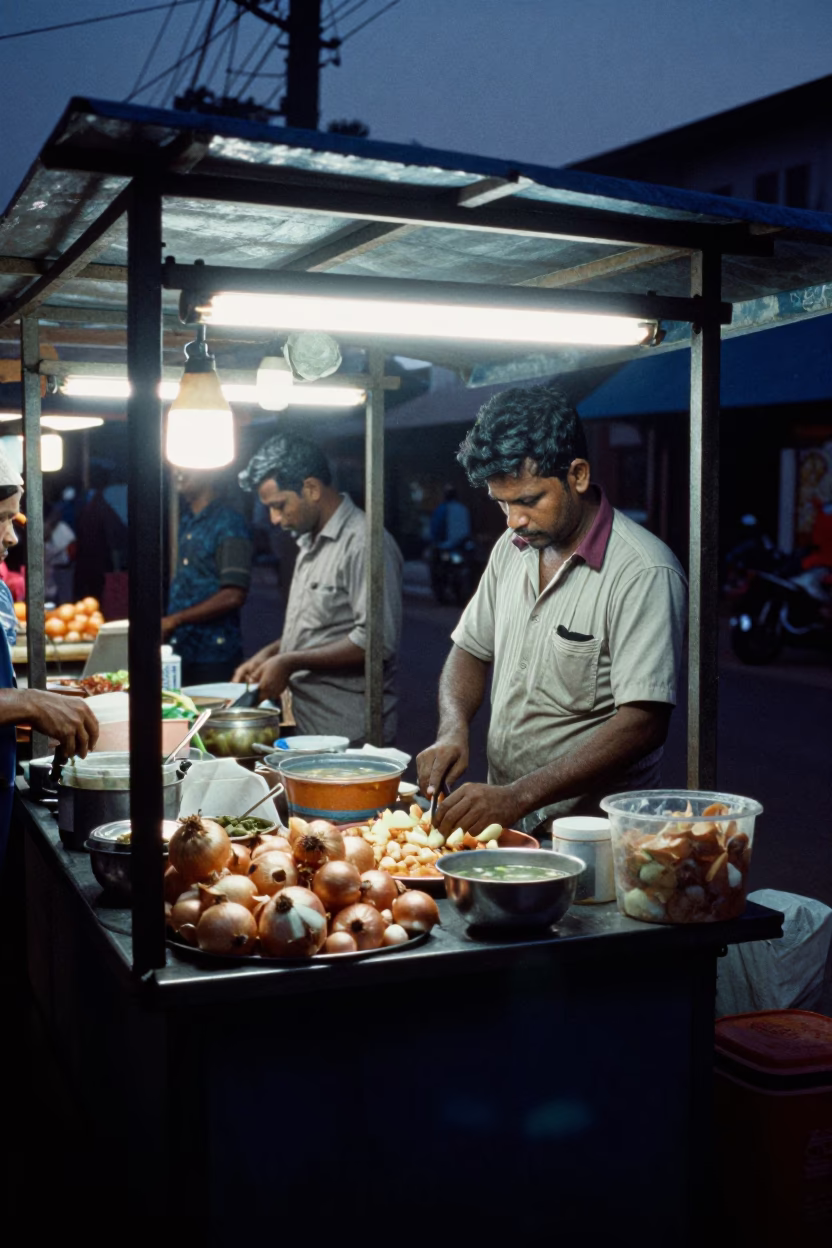 Predawn Street Food Stall in Kochi India with Onions and Soup Bowls in in Kochi, India