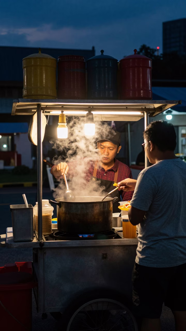 Predawn Street Food Stall in Kuala Lumpur Malaysia with Canisters and Night Market Activity in in Kuala Lumpur, Malaysia