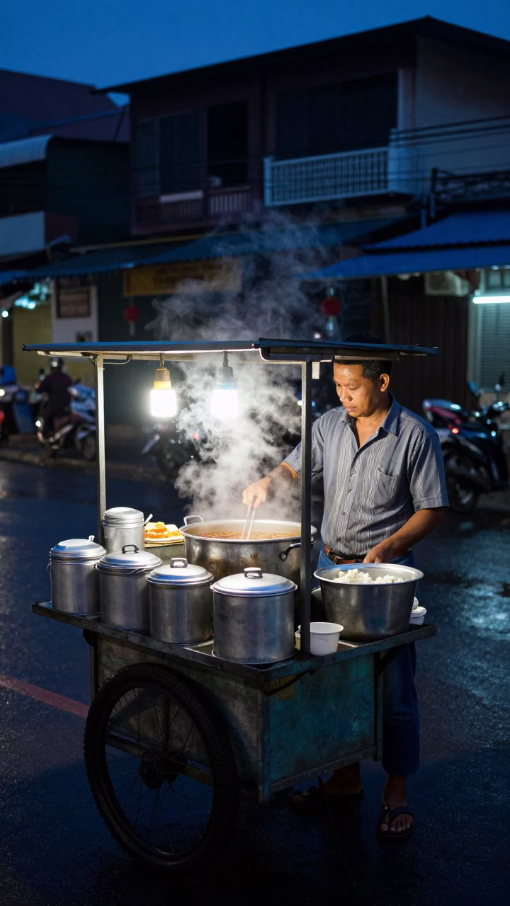 Predawn street food stall in Phnom Penh Cambodia with metal containers and plastic stools in in Phnom Penh, Cambodia