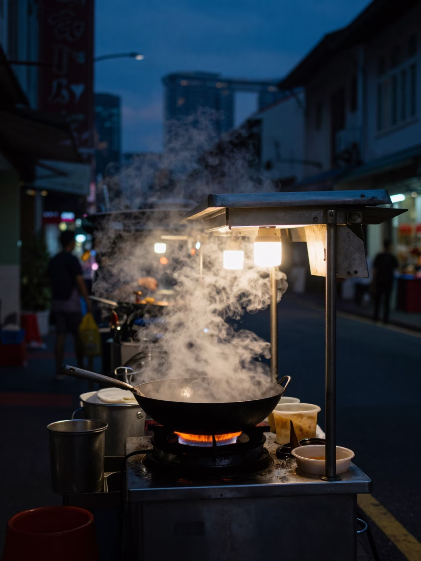Predawn Street Food Stall in Singapore with Steam and Night Market Activity in in Singapore, Singapore