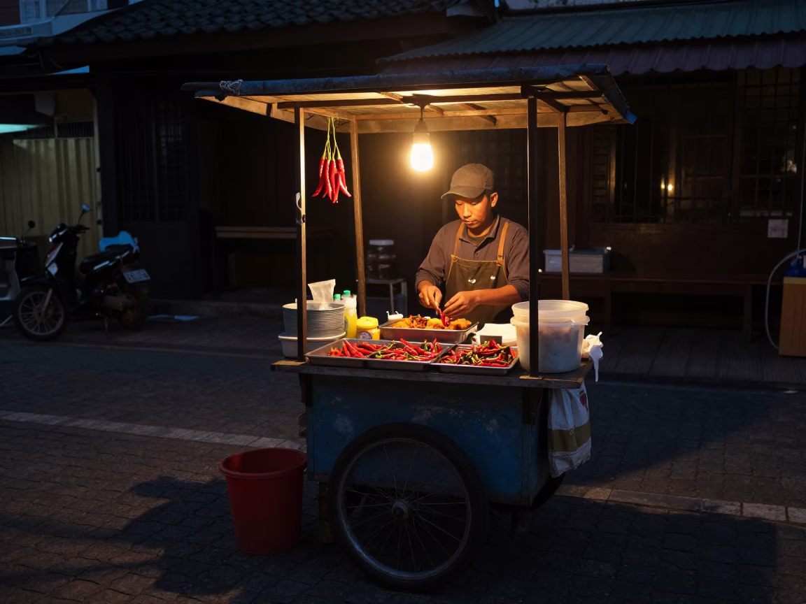 Predawn Street Food Stall in Surabaya Indonesia with Chili Peppers and Serving Bowls in in Surabaya, Indonesia