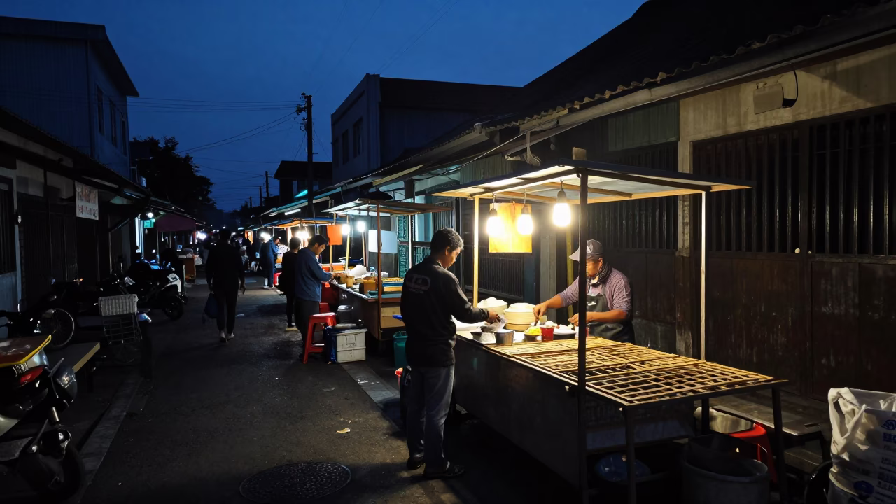 Predawn Street Food Stall in Surabaya Indonesia with Drying Rack and Paper Lantern in in Surabaya, Indonesia