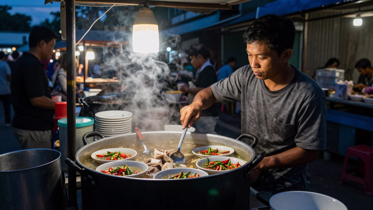 Predawn Street Food Stall in Surabaya Indonesia with Goat Meat Soup and Steam in in Surabaya, Indonesia