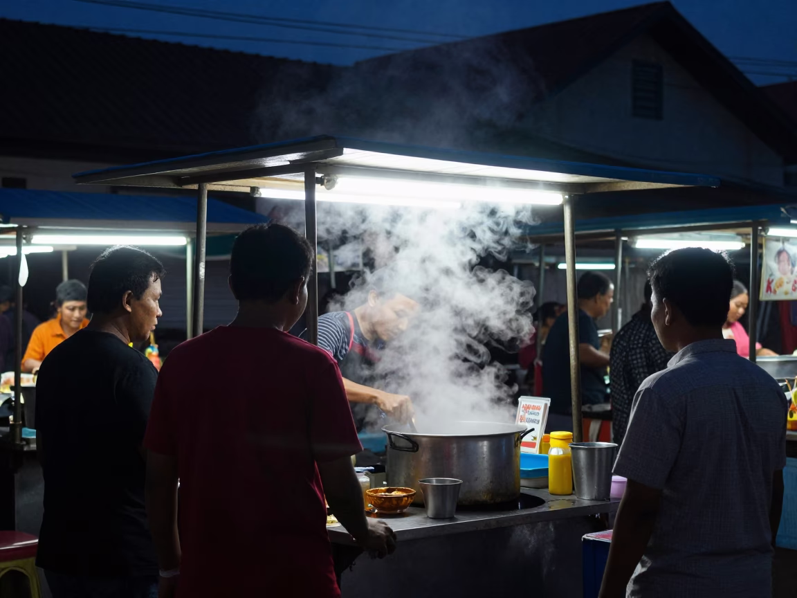Predawn Street Food Stall in Surabaya Indonesia with Steam and Morning Rush in in Surabaya, Indonesia
