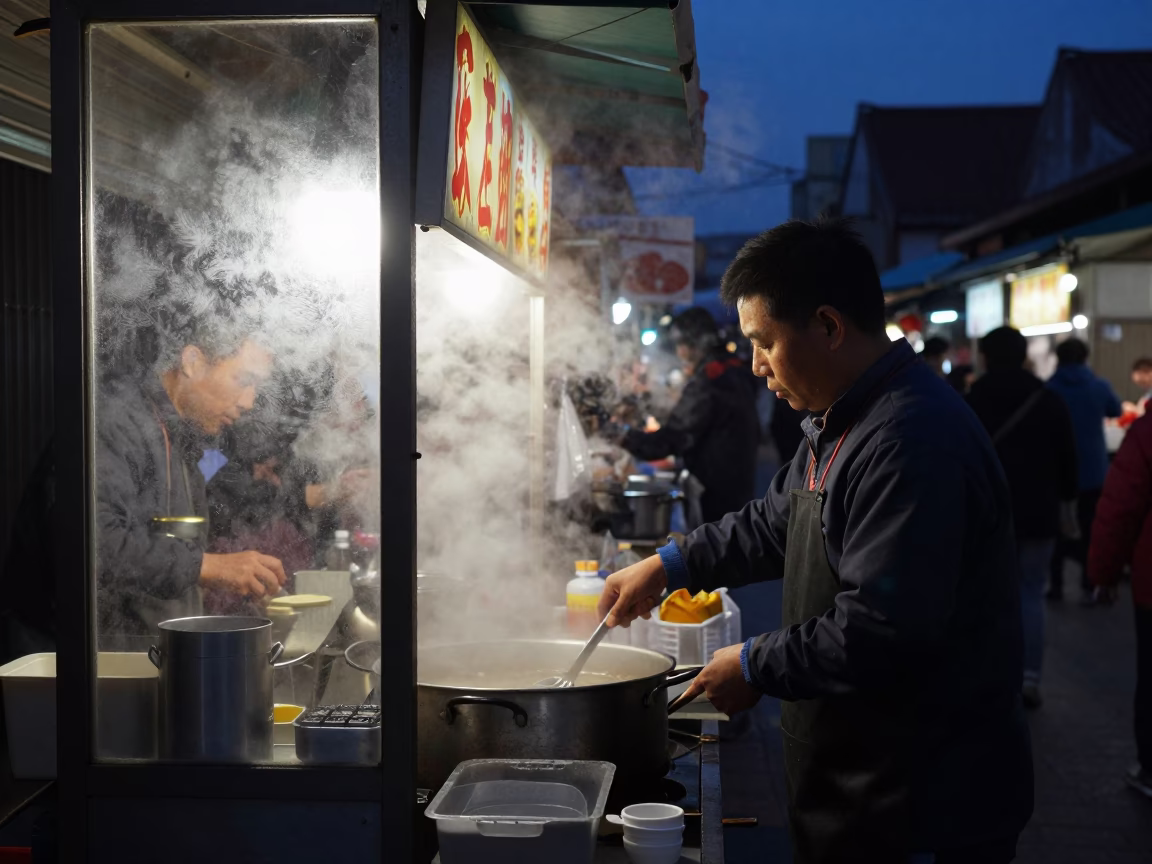 Predawn Street Food Stall in Tainan Taiwan with Condensation and Steam in in Tainan, Taiwan
