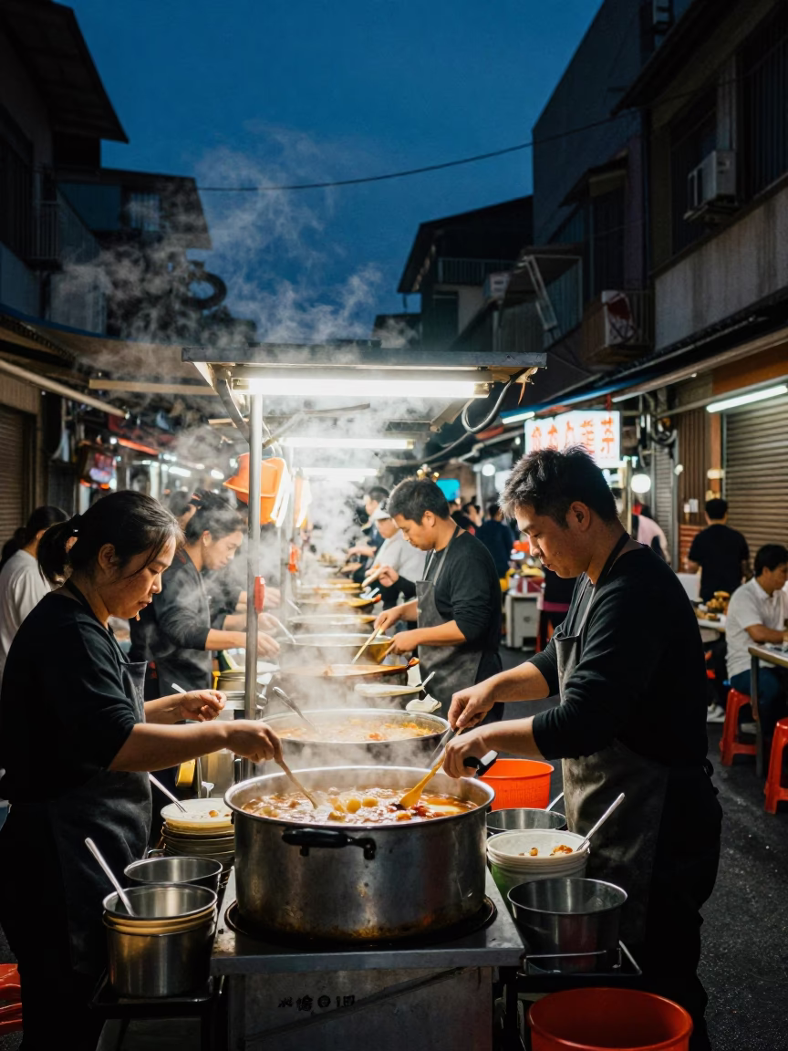 Predawn Street Food Stall in Tainan Taiwan with Steam and Neon Reflections in in Tainan, Taiwan