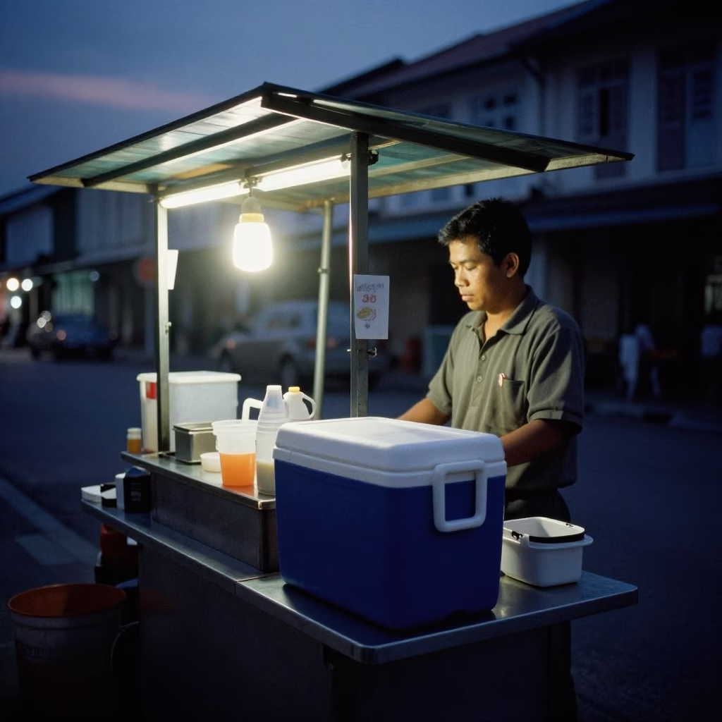 Predawn street food stall with cooler jug in George Town Malaysia night market in in George Town, Malaysia
