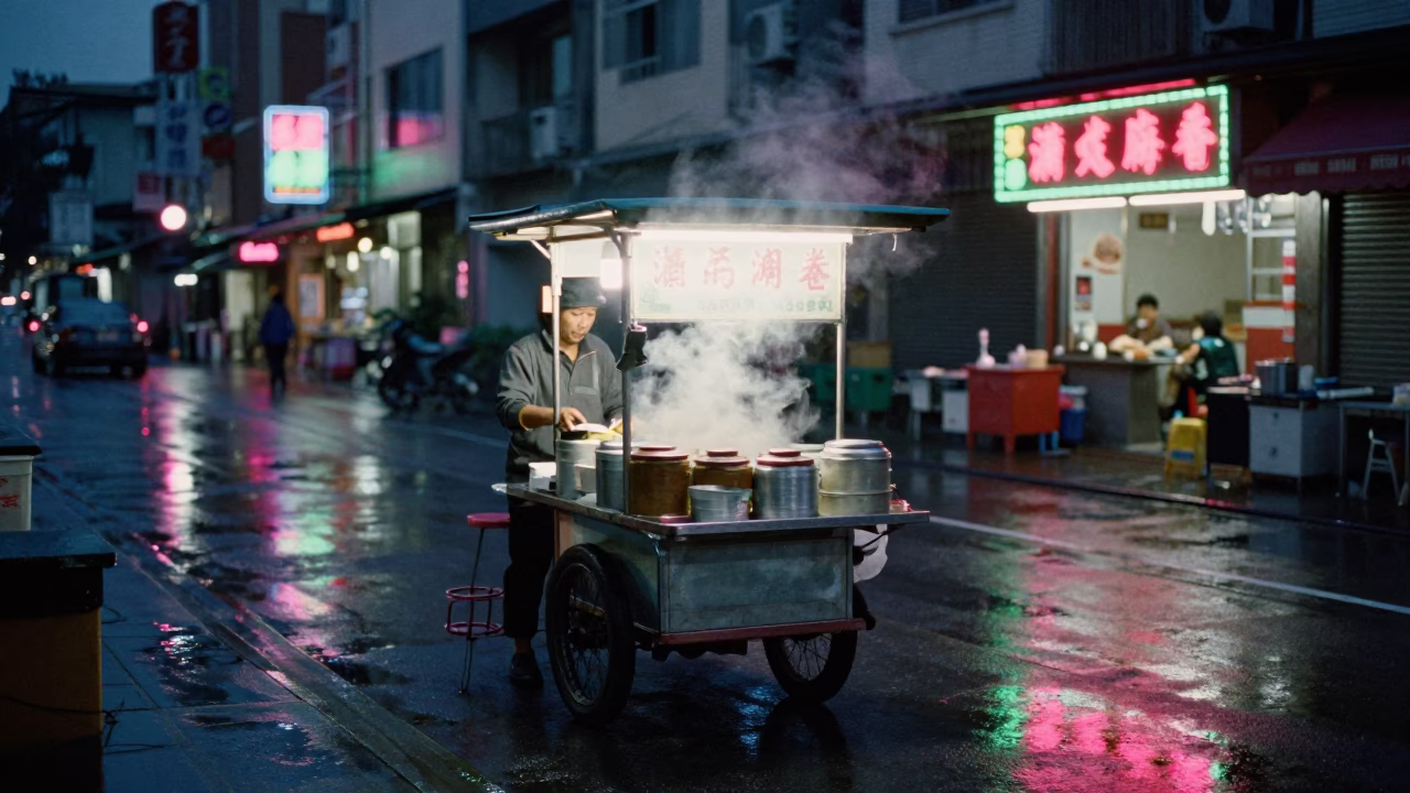Predawn street food stall with jar and socket wrench in Kaohsiung Taiwan in in Kaohsiung, Taiwan