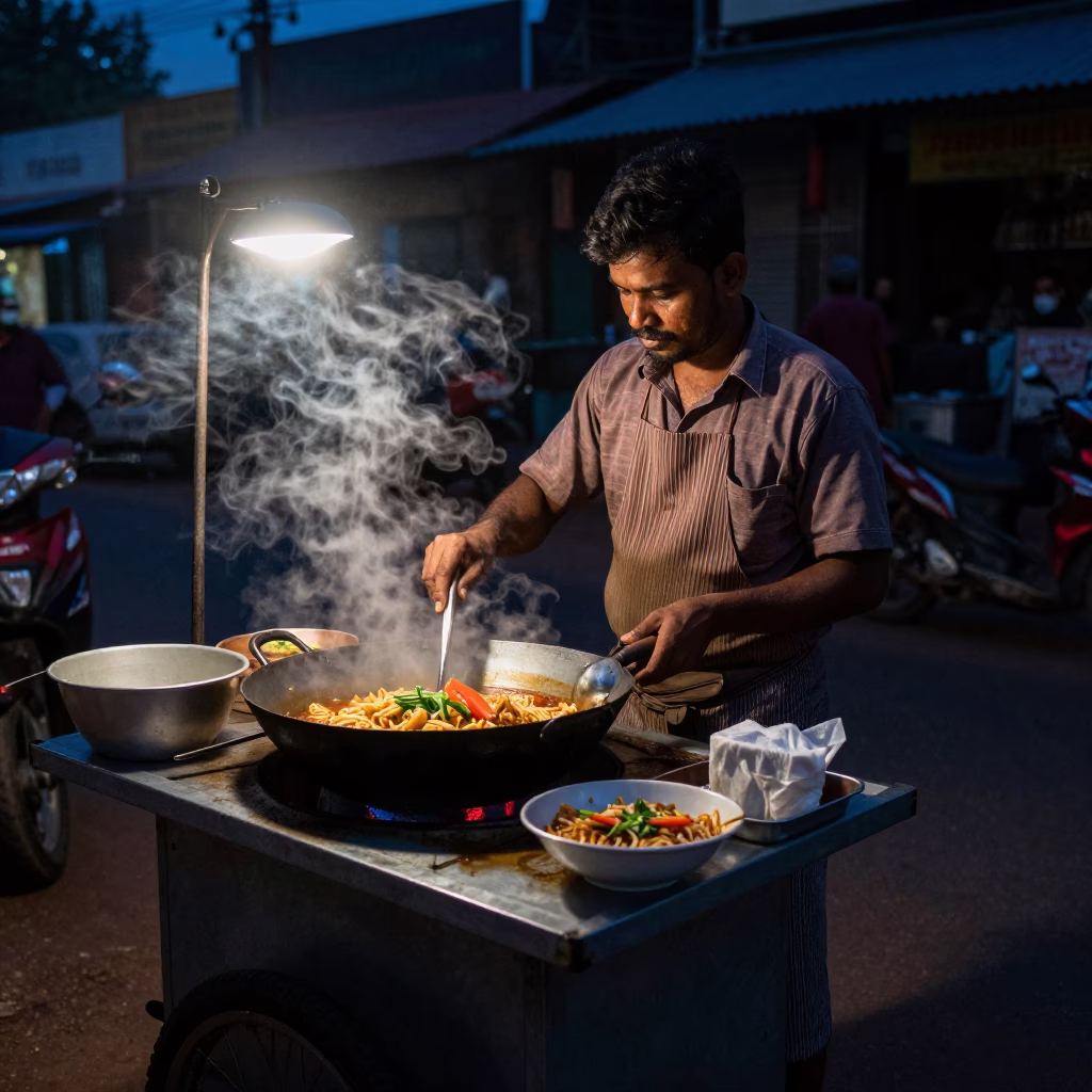 Predawn Street Food Vendor Cooking Khao Soi in Kochi India with Steaming Bowl in in Kochi, India