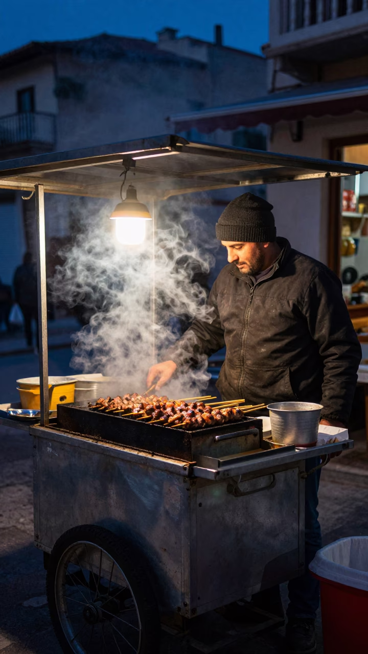 Predawn Street Food Vendor in Athens Greece Selling Grilled Kofte and Peppers in in Athens, Greece