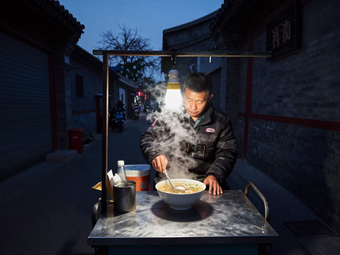 Predawn Street Food Vendor in Beijing Serving Steaming Hot Soup and Tea in in Beijing, China