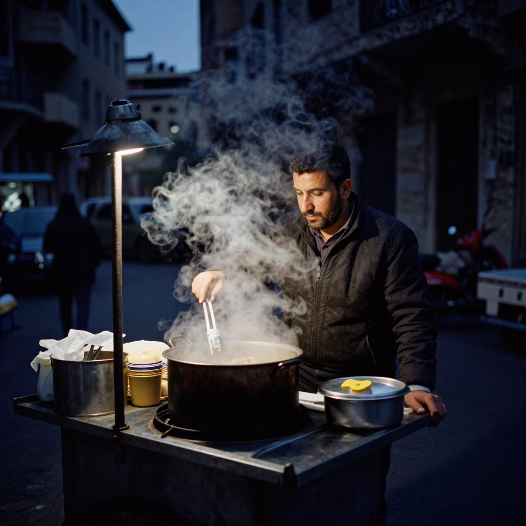 Predawn Street Food Vendor in Beirut Lebanon with Steam and Warm Light in in Beirut, Lebanon