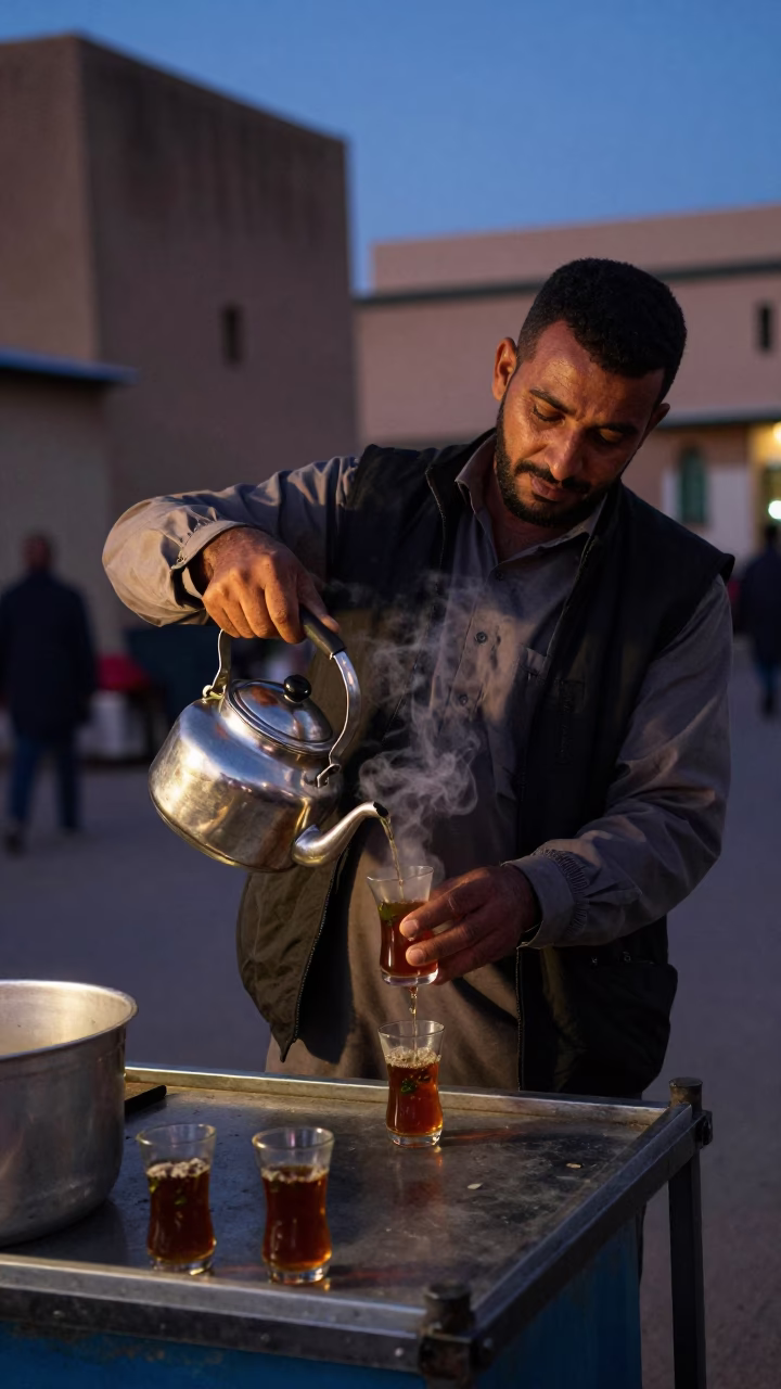 Predawn Street Food Vendor in Casablanca Morocco Preparing Mint Tea in in Casablanca, Morocco