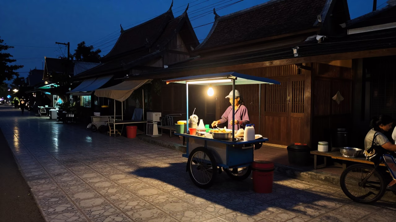 Predawn Street Food Vendor in Chiang Mai Thailand with Ceramic Tiles and Steam in in Chiang Mai, Thailand