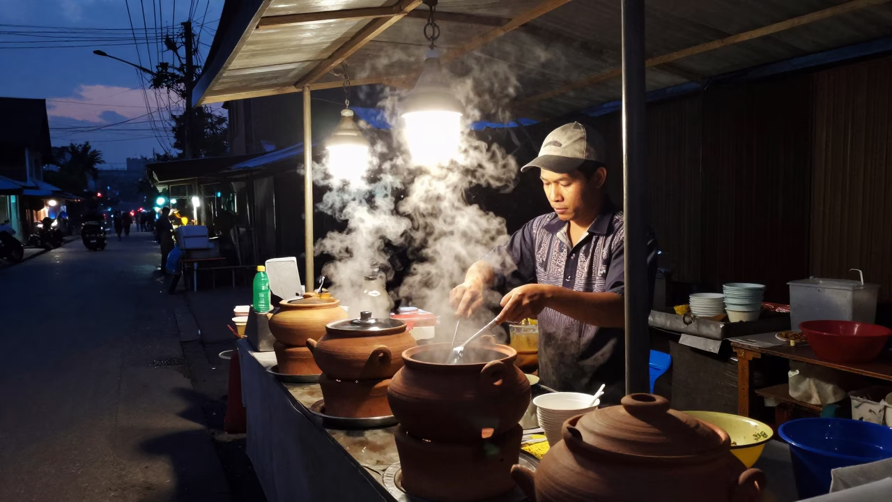 Predawn Street Food Vendor in Chiang Mai Thailand with Steam and Clay Pots in in Chiang Mai, Thailand